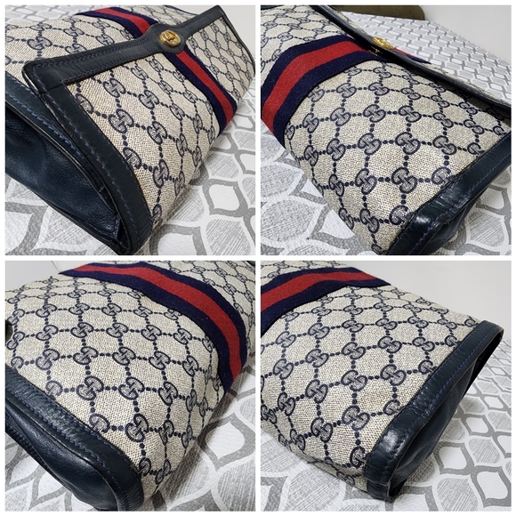 Gucci Vintage GG Sherry Line PVC Leather Clutch Beige/Navy Blue - Picture 10 of 14